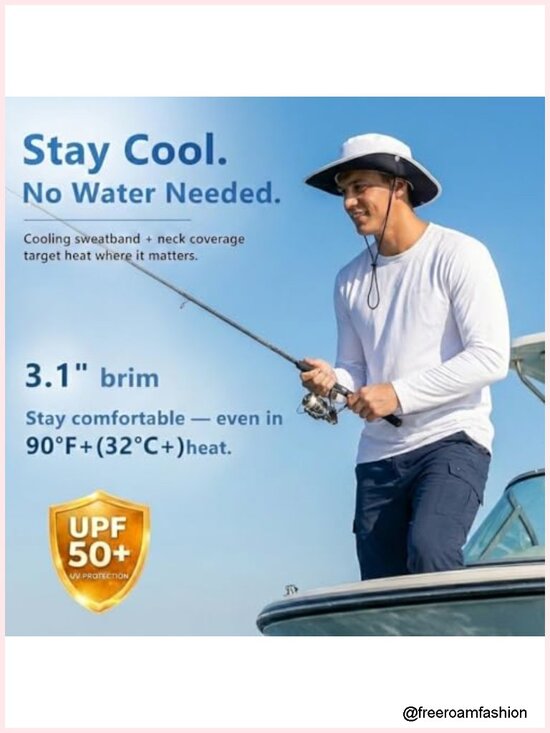 UPF 50+ Cooling Wide Brim Safari Hat, 360° Breathable, Nylon
